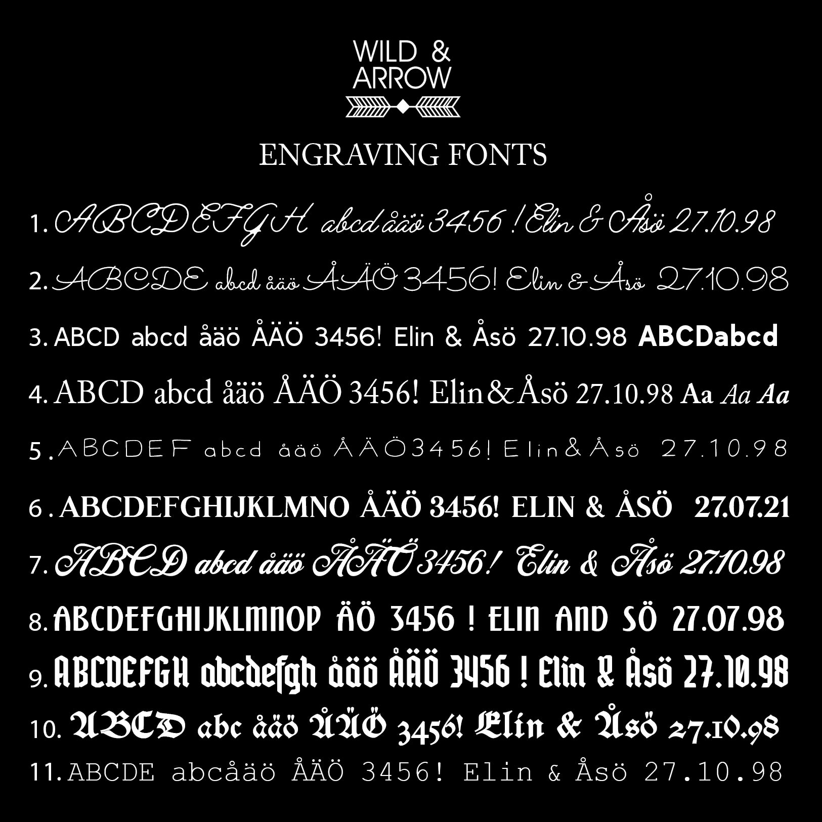 Typsnitt du kan använda för gravyr på våra smycken. Välkommen till vår butik i Stockholm.
