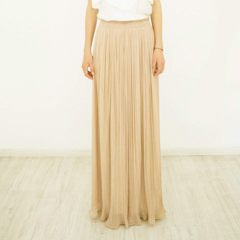 Long Maxi Skirt, Pleated Beige Chiffon Size L