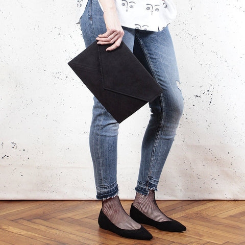 Clutch bag envelope black vegan suede faux leather