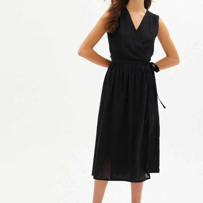 black sleeveless wrap dress Black Sleeveless Wrap Dress With Adjustable Straps