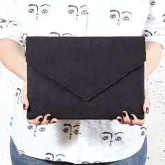 Clutch bag envelope black vegan suede faux leather