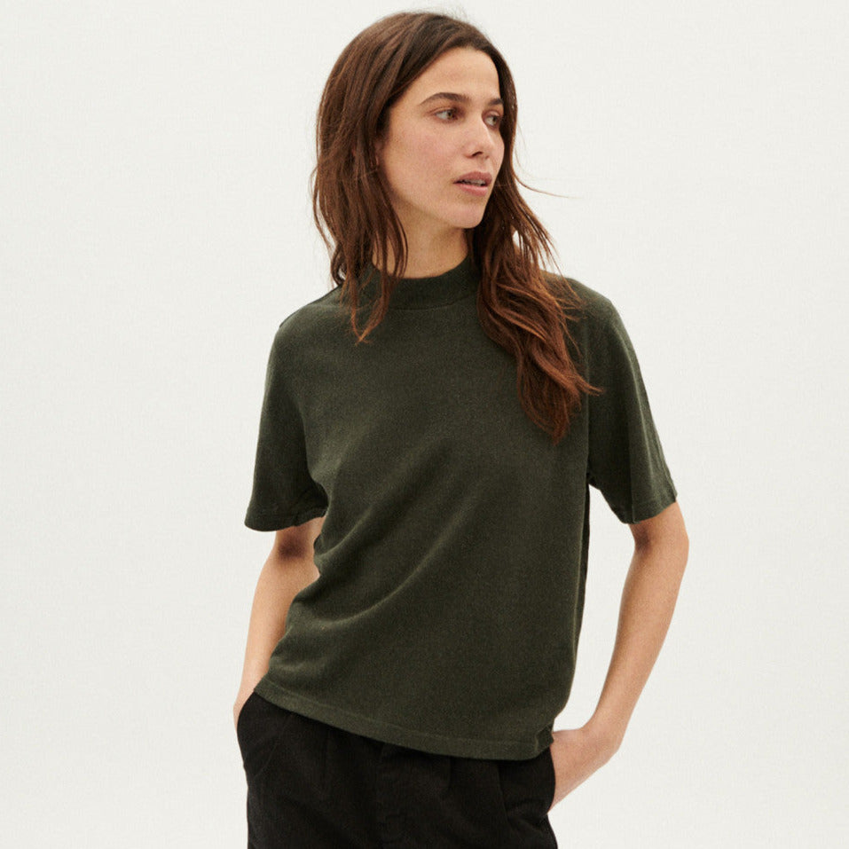 THINKING MU Dark Green Hemp Boxy T-Shirt, vegan fair fashion