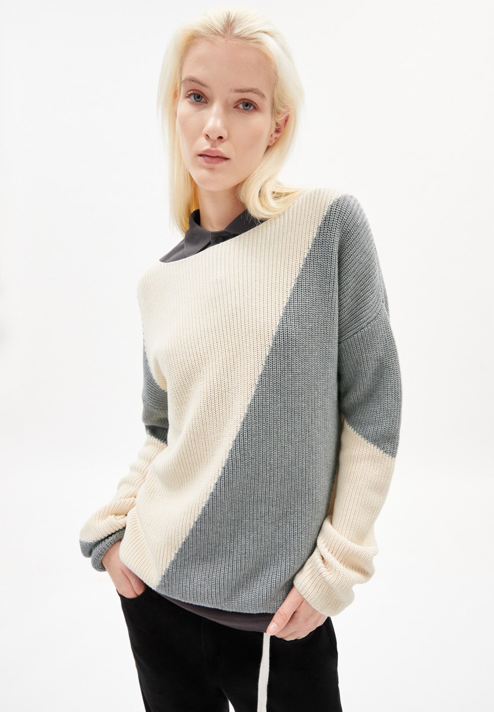 Mibaa Block Stripe Knitted Sweater Undyed/Grey Organic Cotton