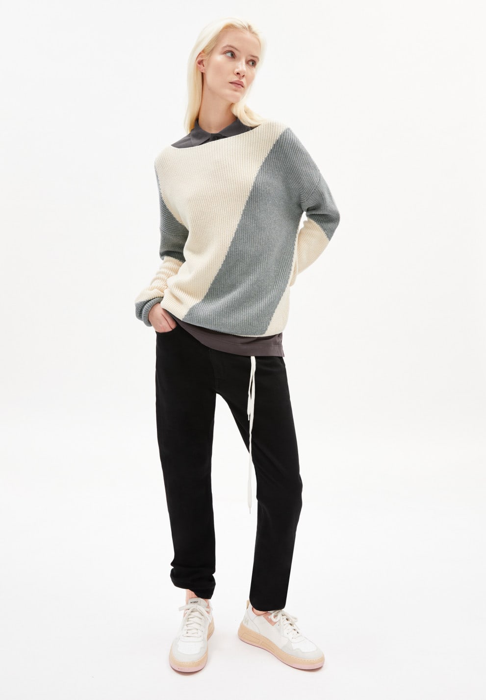 Mibaa Block Stripe Knitted Sweater Undyed/Grey Organic Cotton Size XL